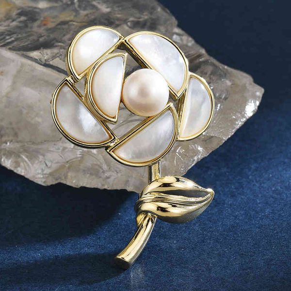 Japanese Korean Fritillaria Freshwater Pearl Rose Brooch - Elegant Minimalist Coat Pin for Women
