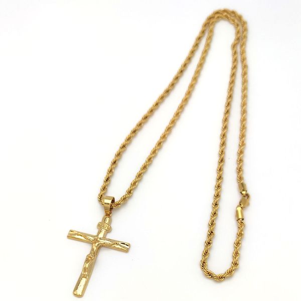 Jesus crucifix pendant on 4mm Italian rope chain, 31-inch 22k solid gold hip hop necklace with 18ct Thai baht gold finish