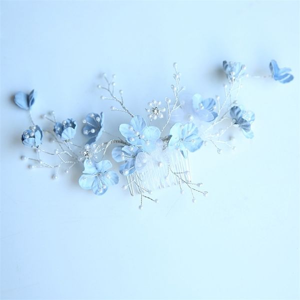Jonnafe Light Blue Floral Hair Comb with Pearls - Handmade Bridal Jewelry for Weddings