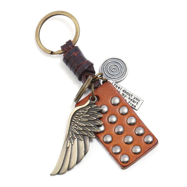 Key Rings Punk Hand Woven Cowhide Chain Alloy Wings Creative Leather Small Gift Pendant
