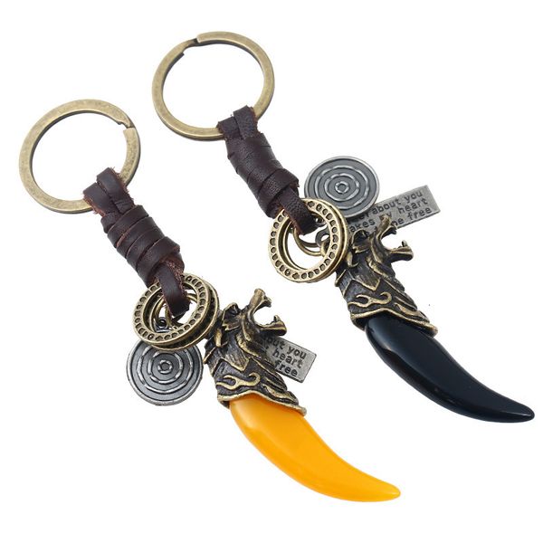 Key Rings Woven Cowhide Chain Real Pendant Resin Wolf Tooth Bag
