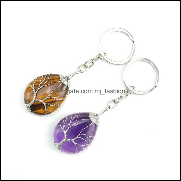 Keychain featuring a handmade tree of life design with natural healing quartz crystals