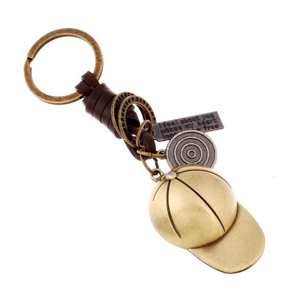 Keychain gifts for men and women featuring alloy baseball caps and woven leather pendants