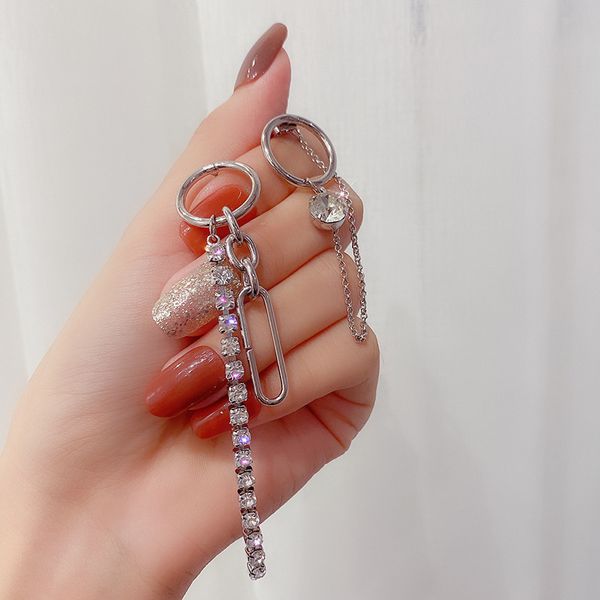 Korean Fashion Asymmetric Geometric Chain Earrings S925 Silver Needle Diamond Tassel Personalized Female