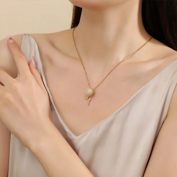 Korean Fashion Rotate Decompress Zircon Sunflower Pendant 14k Yellow Gold Necklace for Women Twist Party Jewelry Birthday Gifts