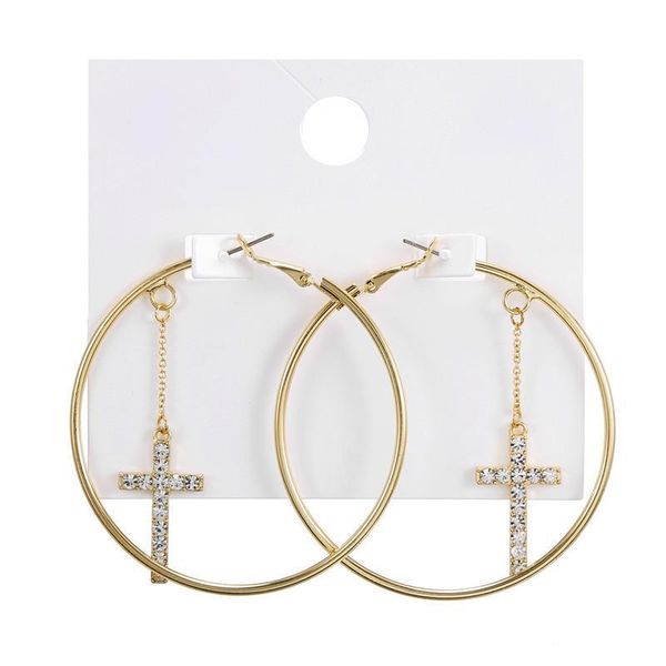 Korean minimalist gold hoop earrings with crystal cross charm for women