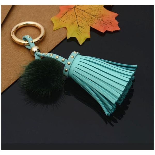 Leather tassel keychain with mink fur ball for car or bag accessories