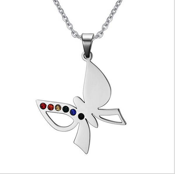 Lesbian Pride Rainbow Butterfly Necklace - Stainless Steel Jewelry Gift for Women
