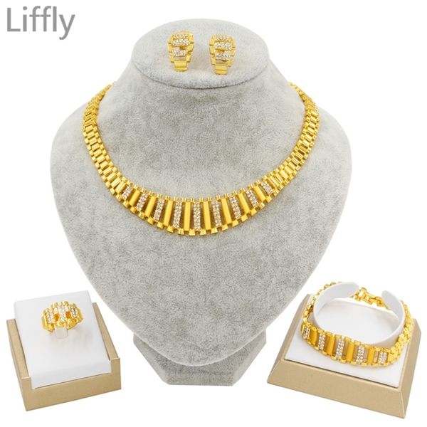 Liffly's latest Dubai gold jewelry sets for women, perfect for Indian and African weddings, bridal gifts, or wholesale, featuring matching necklace, bracelet, and earrings