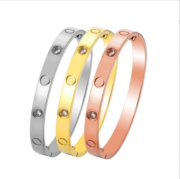 Love Bracelet Bangles for women and men, featuring 4CZ titanium steel with screwdriver, available in gold, silver, and rose, includes a velvet bag