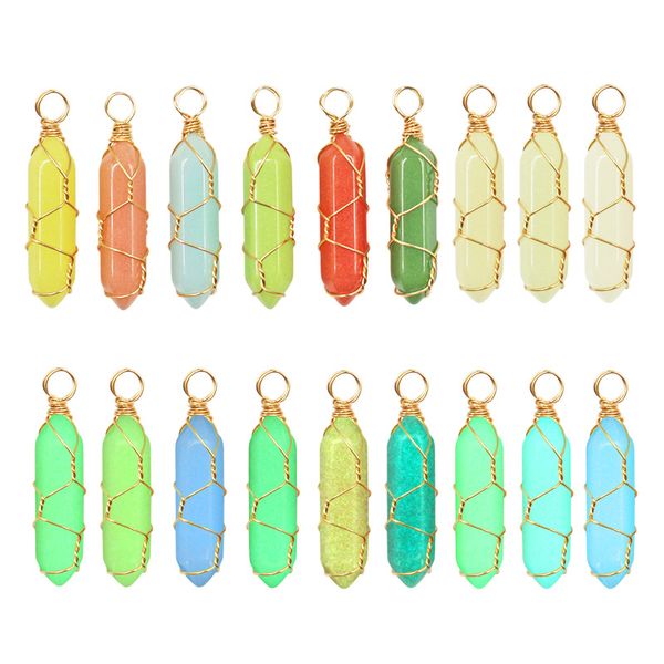 Luminous stone charm pendant with wire-wrapped hexagonal prism glass crystal that glows in the dark for jewelry making and necklaces