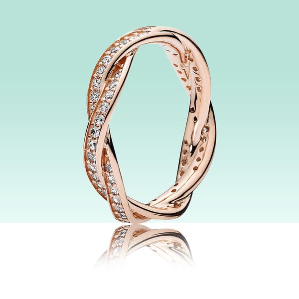 Luxurious 18K rose gold women's ring with original Pandora box, featuring sparkling twisted lines and CZ diamonds in 925 sterling silver for weddings