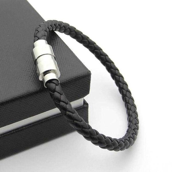 Luxurious black woven leather bracelet featuring a magnetic clasp and six-star branding, a stylish French men's jewelry charm bracelet perfect as a Christmas gift