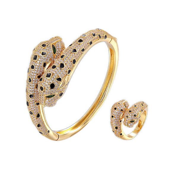 Luxurious dual leopard head bangle ring sets featuring cubic zirconia tension settings in gold for women's jewelry Q0720