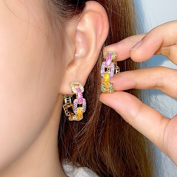 Luxurious gold Cuban link diamond hoop earrings for women featuring colorful AAA cubic zirconia in a stylish copper circle design