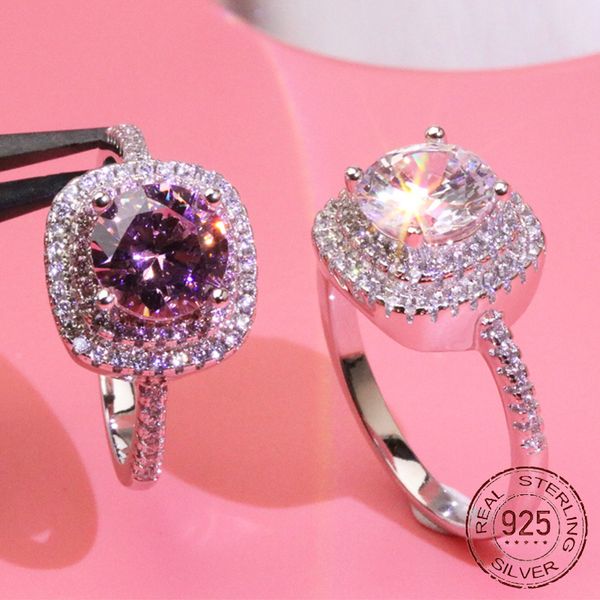 Luxurious women's 8mm zirconia ring in 925 sterling silver with square pink diamond inlay, a trendy princess-style fashion jewelry piece J-3