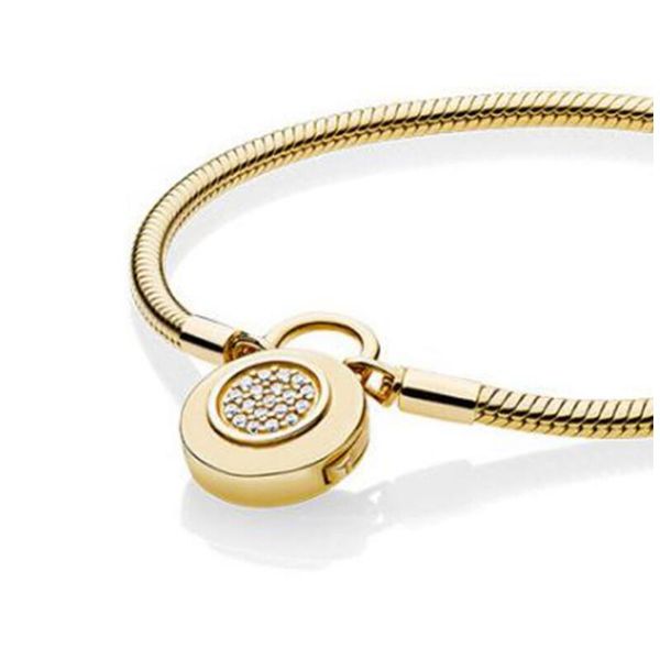 Luxurious yellow gold CZ diamond bracelet with original Pandora box, featuring a 925 silver lock snake chain design for women