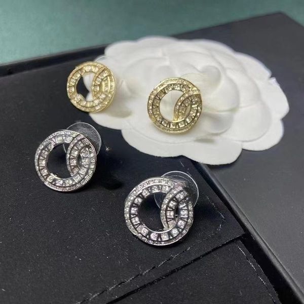 Luxury 18K gold-plated 925 silver designer earrings featuring geometric C-letter studs with round crystal rhinestones for women