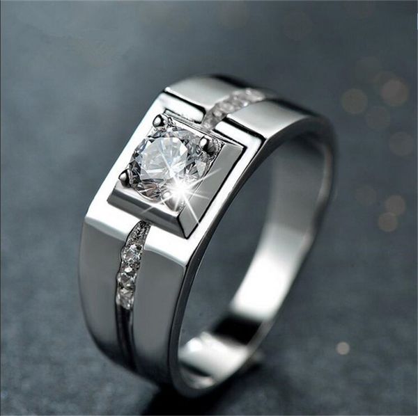Luxury 925 sterling silver 6mm 1ct cubic zirconia engagement rings for men, designed as wedding bands with simulated platinum diamond accents
