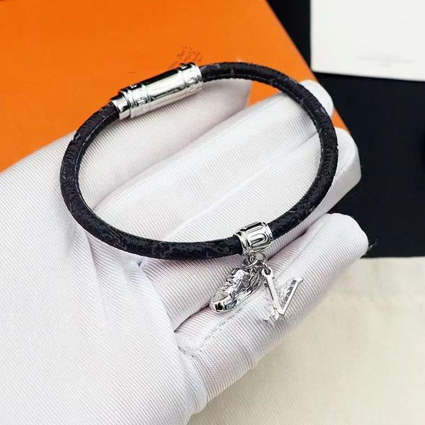 Luxury black leather rope bracelet with letter charms, a stylish unisex accessory for parties and street fashion