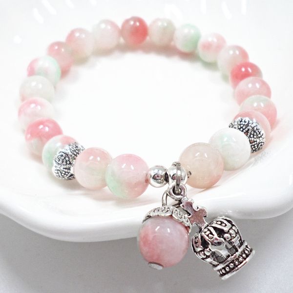 Luxury designer bracelet for women featuring opal beads and a charm crown, iced out style NE982-2