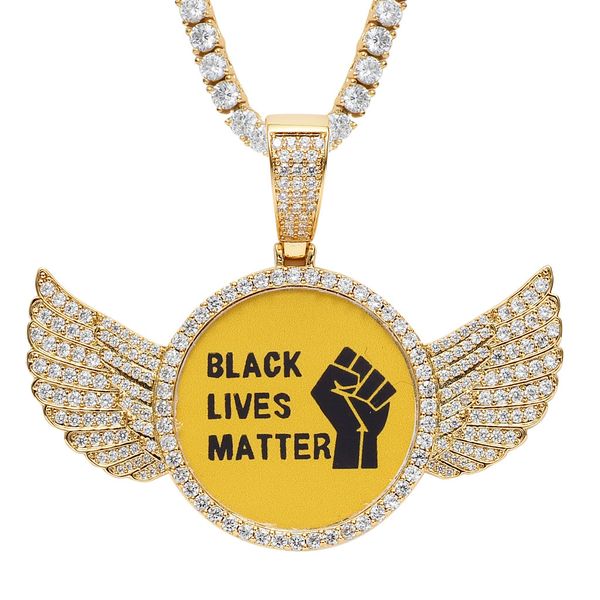 Luxury designer pendant necklace for men and women featuring commemorative round wings, photo frame charm, and customizable zircon micro-set