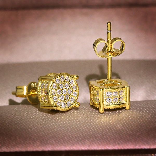 Luxury gold-plated CZ micro pave stud earrings featuring round zircon stones for engagement and jewelry