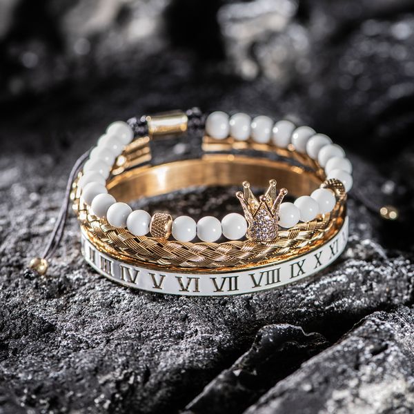 Luxury gold-tone skull bracelet with white enamel Roman numerals, a stylish European men's bangle