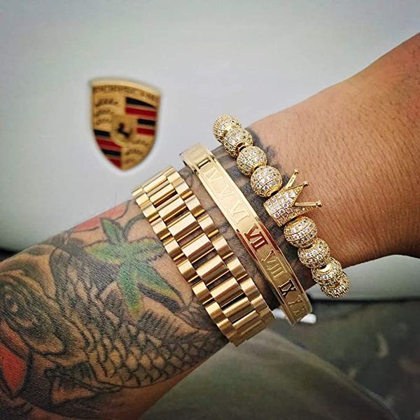 Luxury men's gold bracelet set with imperial crown design and pave CZ stones, a stylish cuff bangle perfect for birthdays or fashion jewelry
