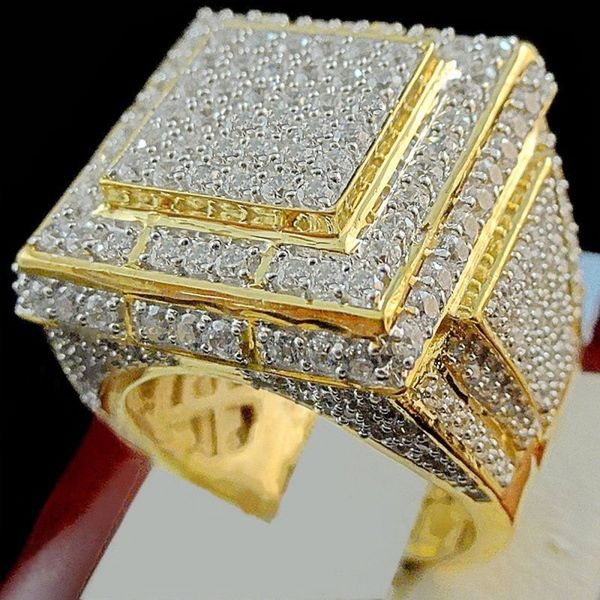 Luxury men's hip-hop rock ring with pave-set diamonds in yellow gold fill, perfect for parties and weddings