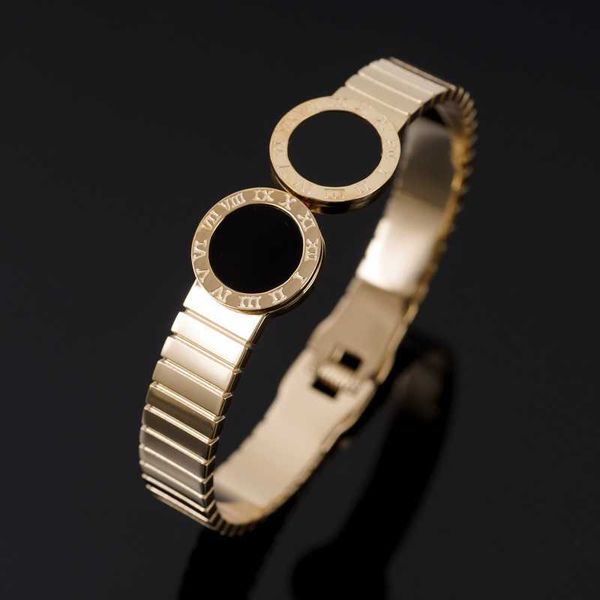 Luxury watchband featuring black shell bangles, stainless steel, and Roman numerals for men and women's punk jewelry style