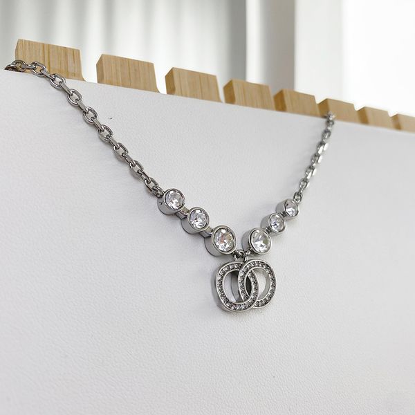 Luxury women's designer double-letter chain necklace with crystal rhinestones in 18 stylish pendant designs