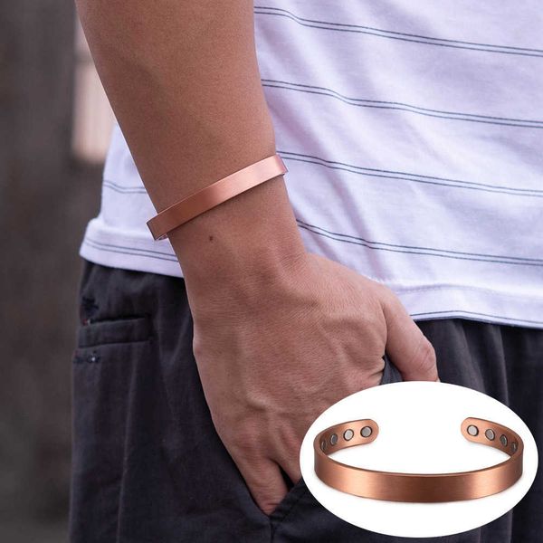 Matte copper bracelet for men with 8 magnetic pieces, adjustable for arthritis relief, featuring 10mm cuff design and therapeutic energy benefits