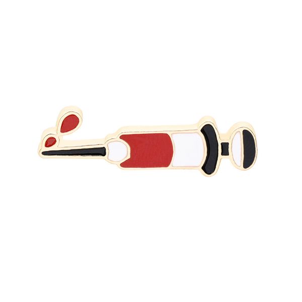 Medical syringe-shaped enamel pins for women, featuring cartoon designs, gold-plated metal, and versatile wear as fashion jewelry or accessories