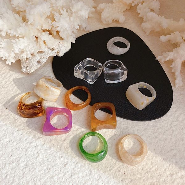 MENGJIQIAO Fashion Colorful Acrylic Resin Square Rings For Women Girls Korean Elegant Mid Finger Knuckle Rings Jewelry Gifts