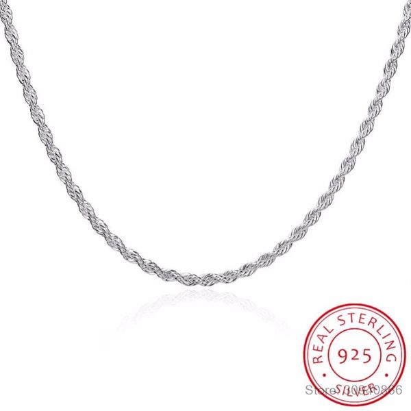 Men's 925 silver twisted rope chain necklace in 3mm width, available in 16", 18", 20", 22", and 24" lengths
