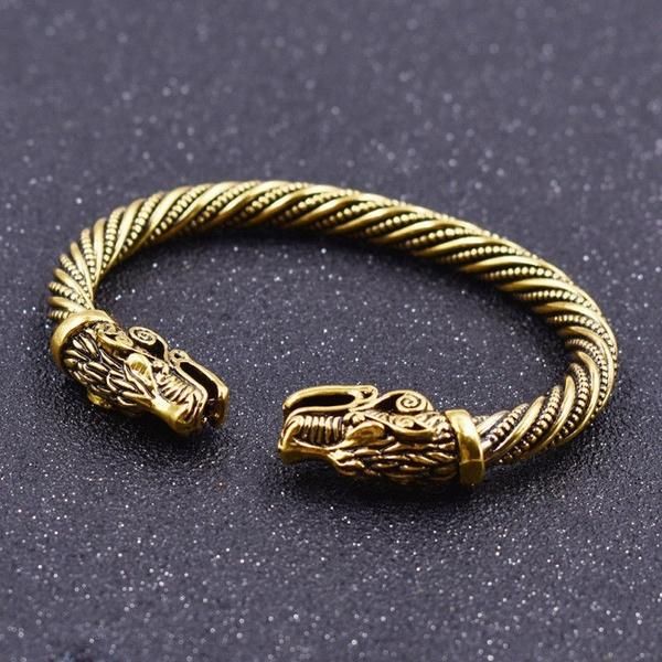 Men's adjustable vintage dragon head charm bracelet with Nordic Viking-inspired twisted cuff design, a unique wristband jewelry gift