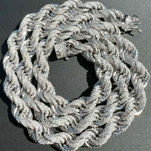 Men's custom hip hop 9mm thick 925 silver twisted moissanite rope chain necklace
