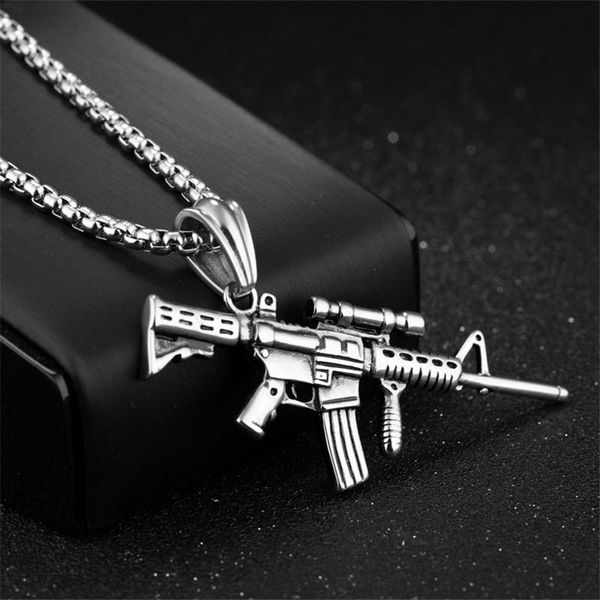 Men's gold-tone gun pendant necklace with 60cm chain, hip-hop army gothic style