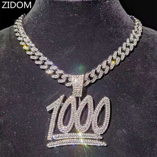 Men's Hip Hop 1000 Number Pendant with 13mm Miami Cuban Chain, Iced Bling Necklace for Male Fashion Jewelry 210323