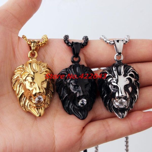 Men's hip hop lion crystal pendant necklace in stainless steel, available in silver, gold, or black with chain options, a stylish friendship gift