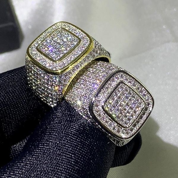 Men's luxury 925 sterling silver and gold fill ring with pave white clear 5A cubic zirconia, perfect for weddings or as a gift, available in US sizes 8-13