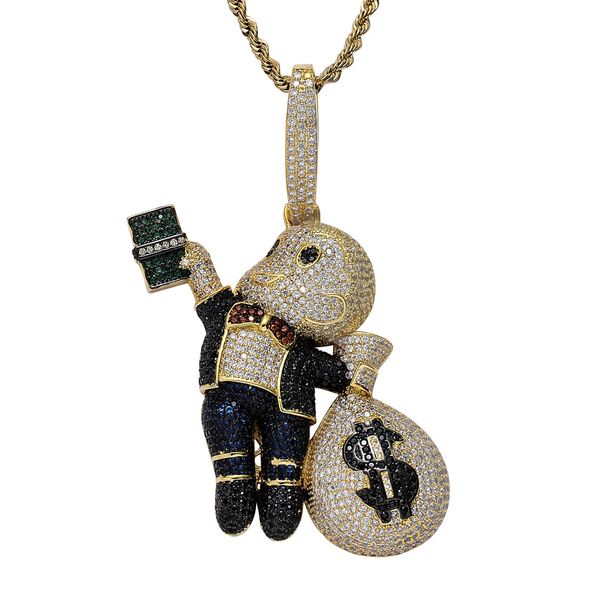 Men's luxury hip hop necklace with iced out diamond pendant and gold chain, a bold money bag charm fashion statement
