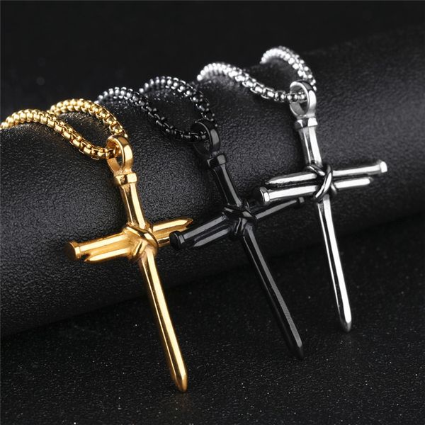 Men's nail cross pendant necklaces with stainless steel link chains in black, rose gold, and silver, featuring punk and hip hop styles for women
