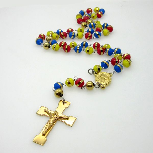Men's rosary necklaces with multicolor beads and stainless steel cross charms for women