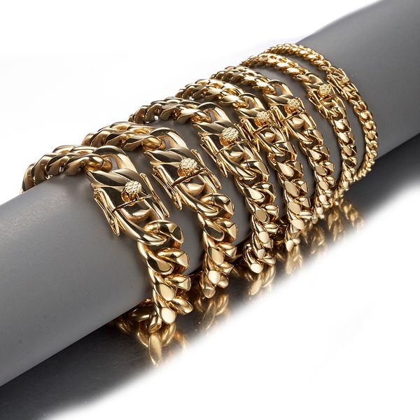 Men's stylish Cuban link chain bracelets in solid stainless steel with 18K gold plating, available in 8-18mm sizes