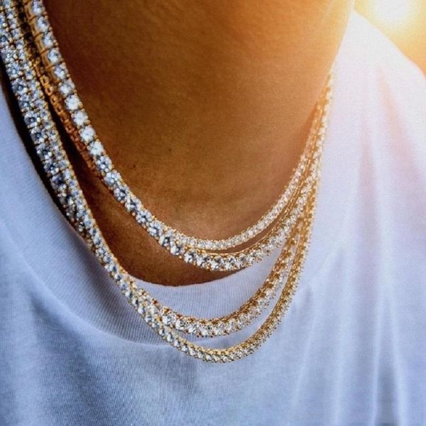 Mens stylish diamond-studded gold tennis chain necklace in 3mm, 4mm, or 5mm widths for hip hop fashion