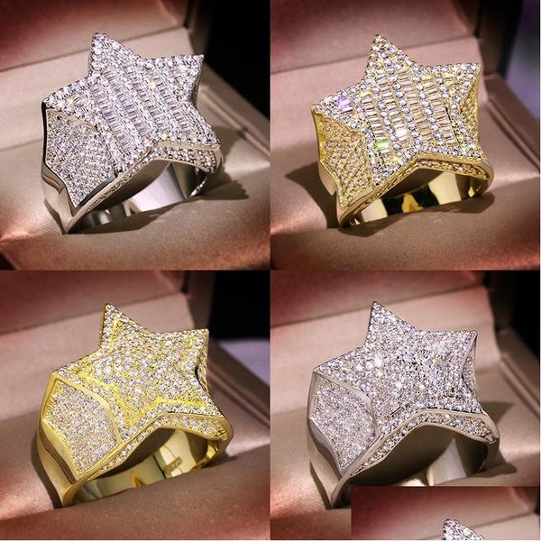 Men's stylish gold ring with side stones, featuring a high-quality five-pointed star design, perfect for hip-hop fashion and jewelry lovers, available for quick delivery at Dhs9D