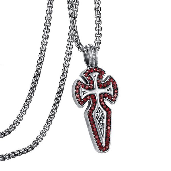 Men's stylish hip hop necklace featuring a red zircon cross pendant in stainless steel