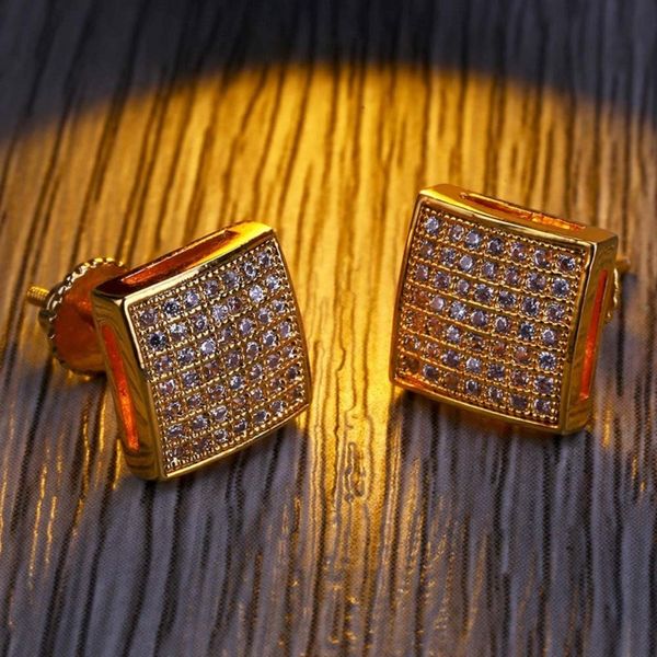 Mens stylish hip hop square earrings in gold or silver with simulated diamonds
